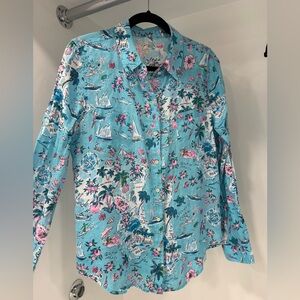 Lilly Pulitzer Sea Life Florida Tropical Print Button-Up Linen Shirt Medium GUC